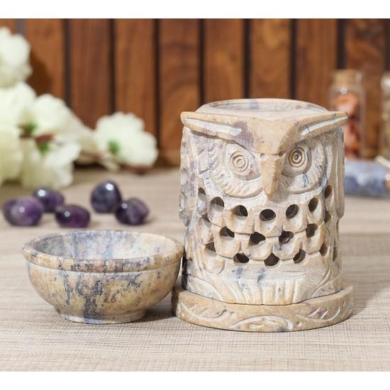 Crocon Handgemachter Speckstein Eulen-Ölbrenner – Teelichthalter und Aromatherapie-Diffusor für Wohnzimmer-Dekoration, 2,7x4 Zoll Größe