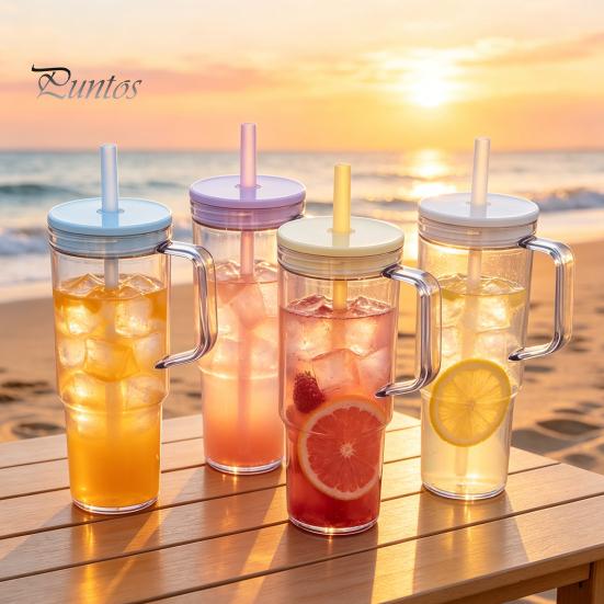 Clear Plastic Water Bottle with Straw And Lid, 40oz Large Capacity Tumbler BPA-free Drinking Cup Handle, Leak Proof Sports for School Travel Reusable
