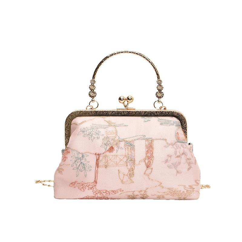 Broderi Håndveske Ny Stil Antikk Stil Cheongsam Bankett Clutch Kjedeveske Metalllås Liten Firkantet Veske