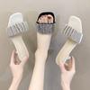 Korean Version of Elegant Square Head Wearing High-heeled Rhinestone One-word Drag Women 2025 Summer New with Skirt Thin-heeled Cool Slippers