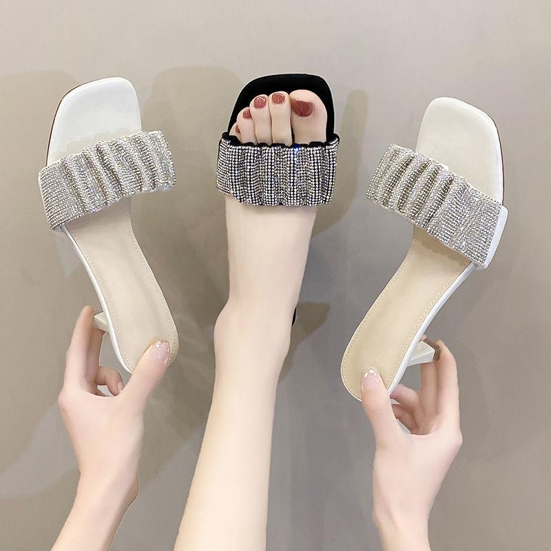 Korean Version of Elegant Square Head Wearing High-heeled Rhinestone One-word Drag Women 2025 Summer New with Skirt Thin-heeled Cool Slippers
