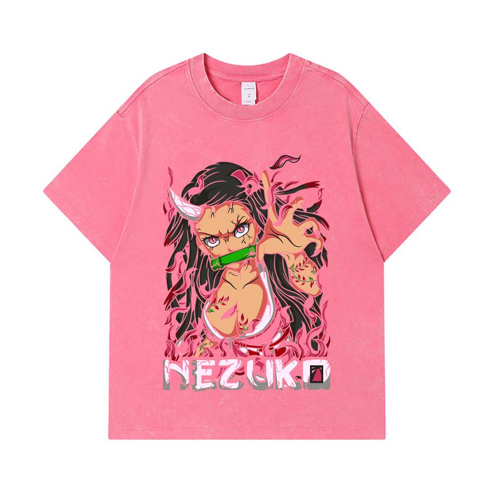 275 GSM Washed T-shirts 100% Cotton Demon Slayer V73 Nezuko Print Unisex Heavy Cotton T Shirt