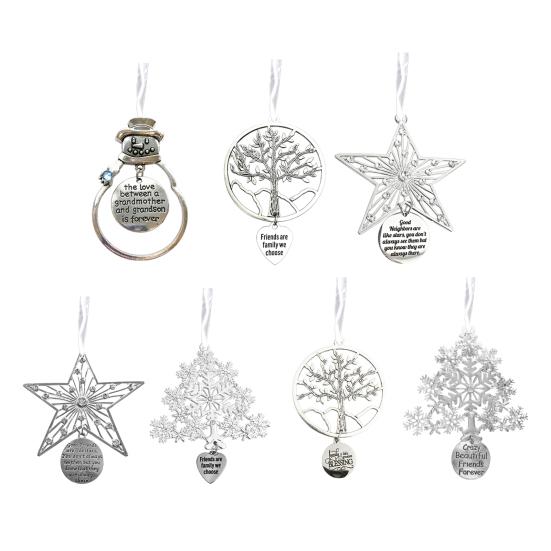 Christmas Friendship Charm Gift Metal Hanging Snowflake/Star/Round/Snowman Shaped Decoration with Blessing