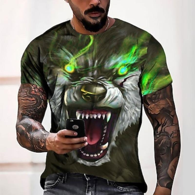 Camiseta masculina com estampas gráficas de lobo, manga curta, estampa 3D, gola redonda, esportiva, designer, casual, para áreas externas, rua, diária, leve, roupas de verão