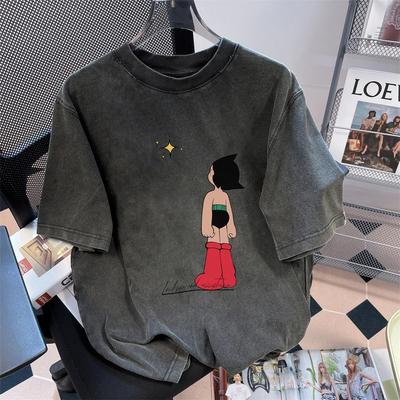 2026 Washed Cartoon Short-Sleeved Tees Men's Women's T-Shirt American Streetwear Vintage Washed Cotton Tops Super Popular