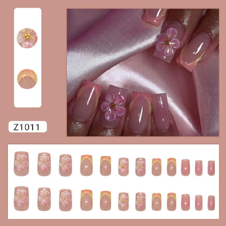 Square Nail Tips Flower Fake Nail Glues On Nail Stick On Nail Press On Nail Artificial False Nail for Womens and Girls