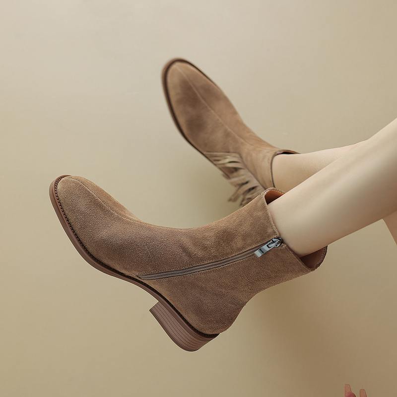 Krazing Pot Cow Suede Nubuck Autumn Winter Shoes Med Heels Size 42 Modern Boots Round Toe Zipper Tassel Ankle Boots