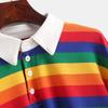 Women's Korean Style Rainbow Striped Polo Hoodie Sweater Long Sleeve