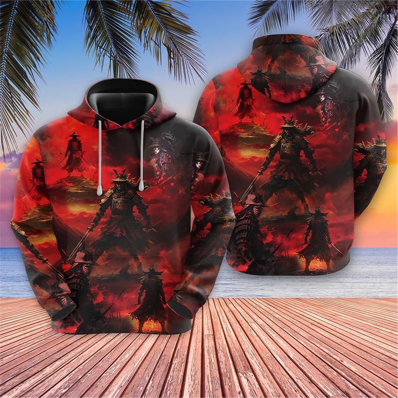 Japońskie samurajskie bluzy graficzne Harajuku Fashion Cherry Blossoms bluzy z kapturem dla mężczyzn ubrania Warrior Cat Y2k bluza z kapturem dla chłopców