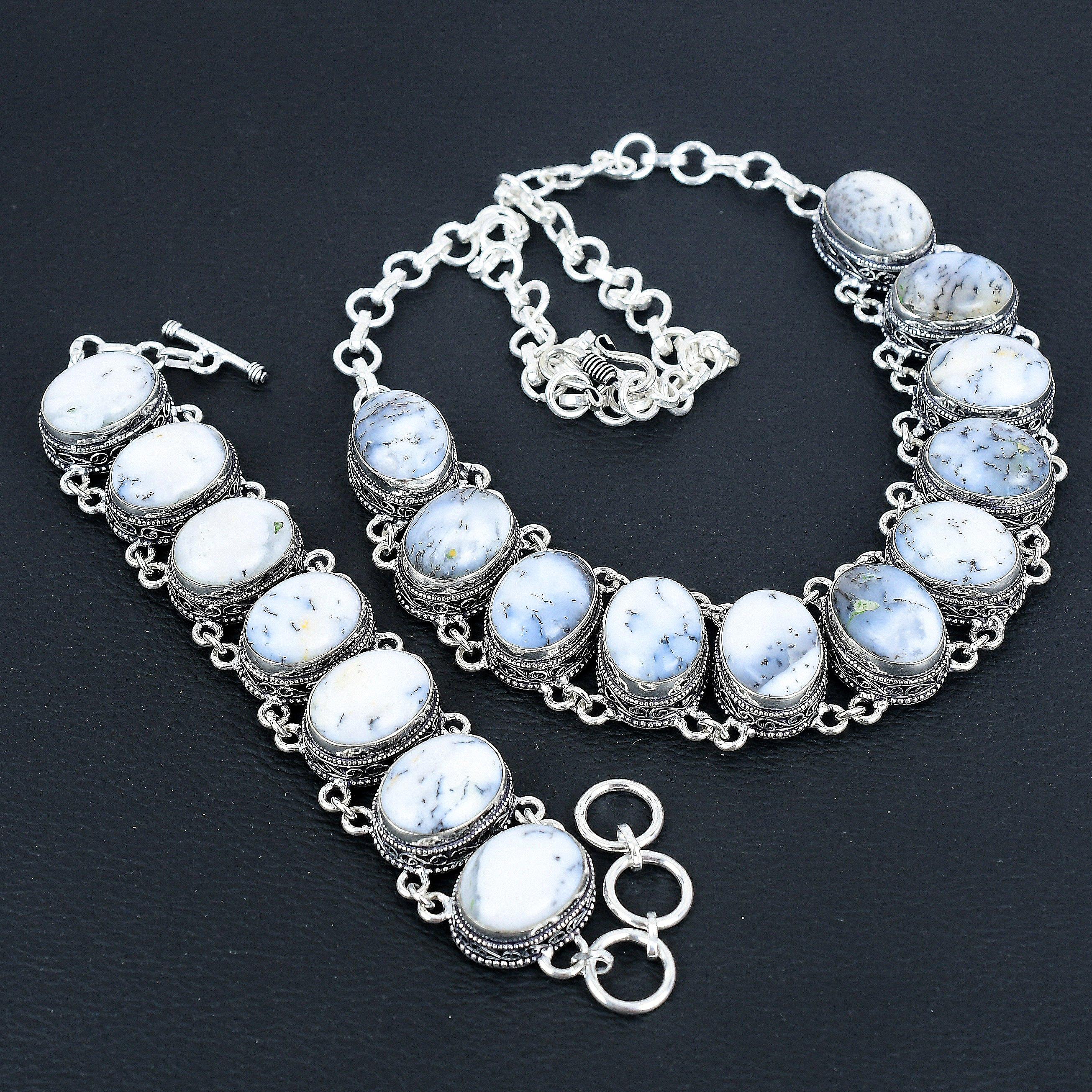 

Натуральный опаловый камень-дендрит, ручная работа, серебряные украшения 925 пробы, ожерелье-браслет с опалом-дендритом, комплект старинных ювелирных изделий, браслет для пасхального подарка 20 белый