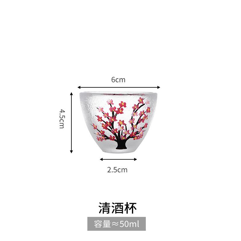 Sada na saké Sakura v japonském stylu, láhev na víno, šálky, ručně malovaný design, vintage saké, průhledné sklo, párty sada na víno, pohár na vodu