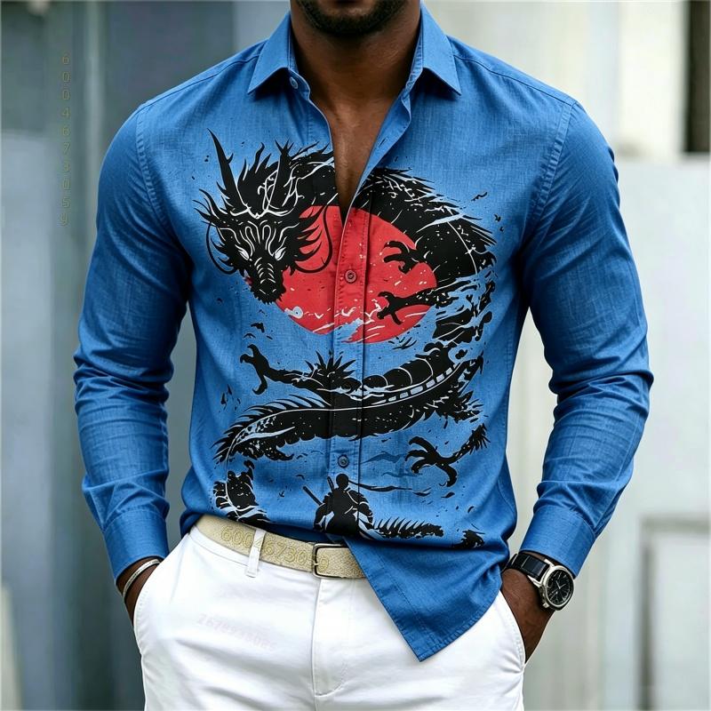 2026 New Men's Shirt White Black Red Contrast Dragon Pattern Shirt Street Style Fashion Casual Business Long Sleeve Men's Wear