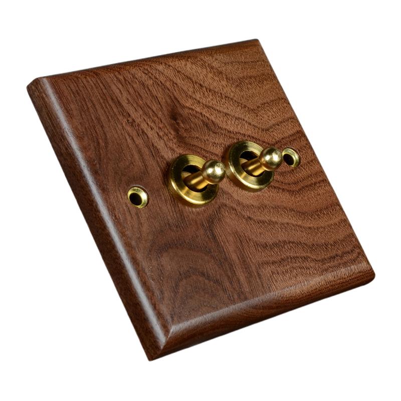 86Mm Wooden Light Switch Panel Black Walnut with Brass Toggle Lever Wall Lamp Switch for Home Lighting Control