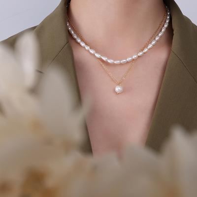 French Style Freshwater Pearl Natural Growth Stacked Necklace, Titanium Steel Collarbone Chain Jewelry P079