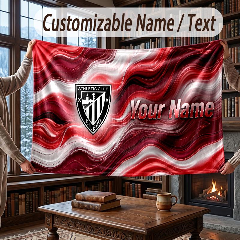 Custom Name Flannel Throw Blanket Athletic Bilbao FC Pattern Warm Home Decoration