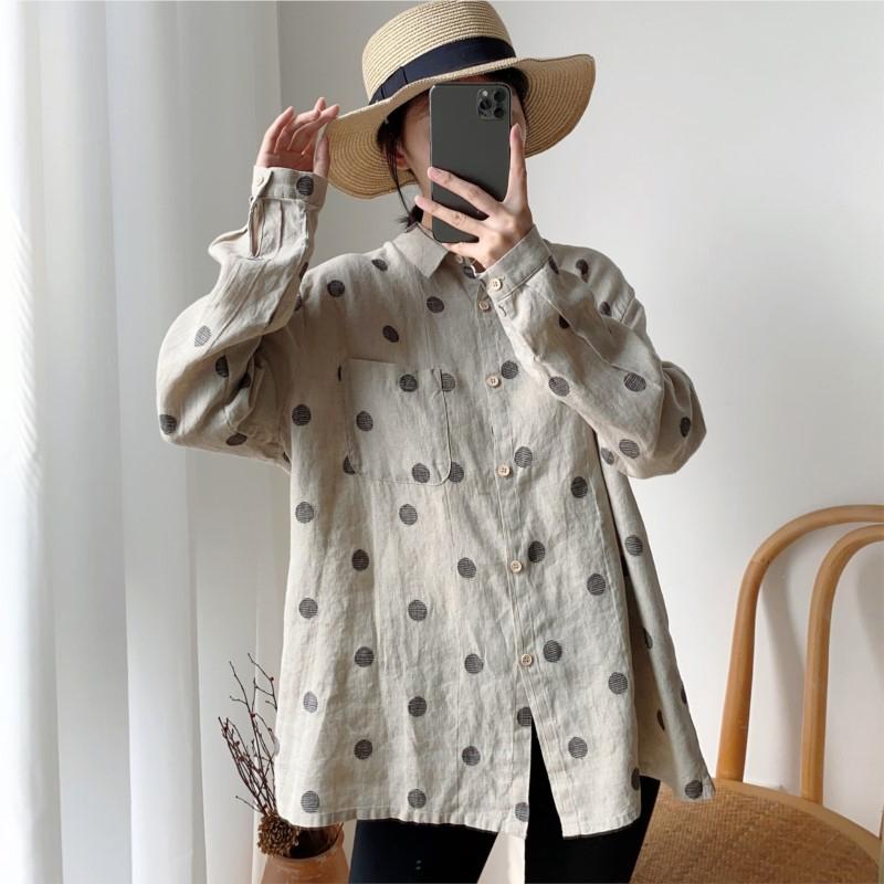 Johnature Summer Vintage Wave Point Women Tops Shirts Casual All Match Turn-down Collar Sun Protection Blouses
