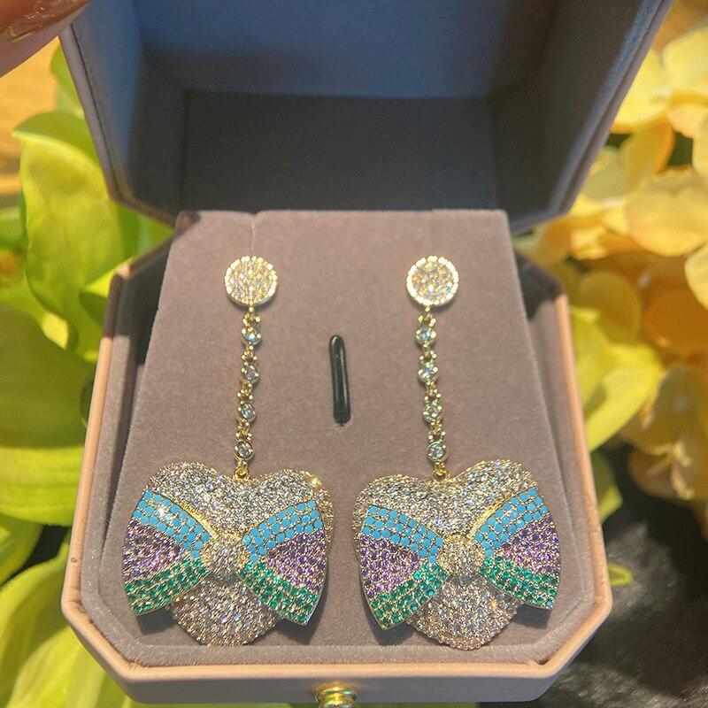 Korean Popular Women's Earrings Bow Love Pink Girly Earrings Micro-set Cubic Zirconia Long Shiny Dangle Earrings Wholesale