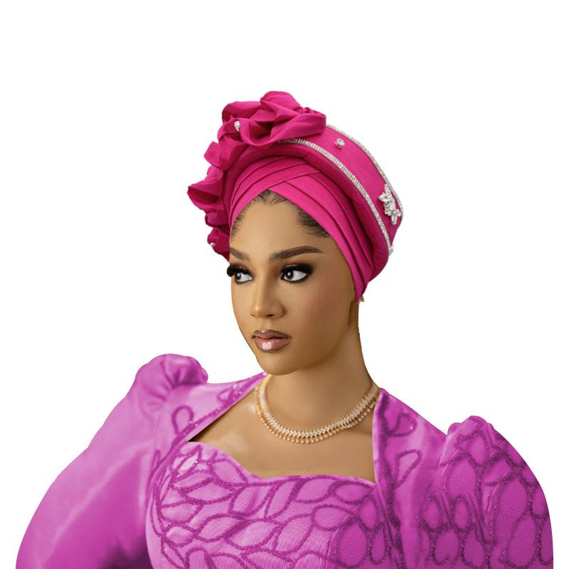 Nigeria Raw Silk Auto Gele Headtie Muslim Hat Party Headwear Turbante Ruffled Turban Cap For Women African Lady Head Wraps