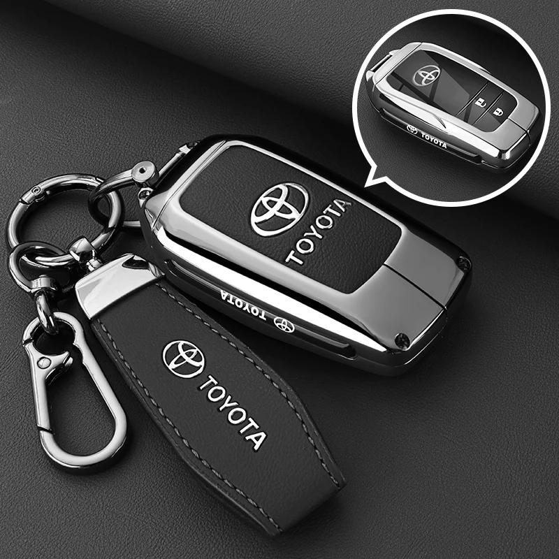 QHJS9 Zinc Alloy Leather Car Key Case Cover Shell for Toyota CHR Hilux Fortuner Land Cruiser 200 Camry Corolla Crown RAV4 Highland