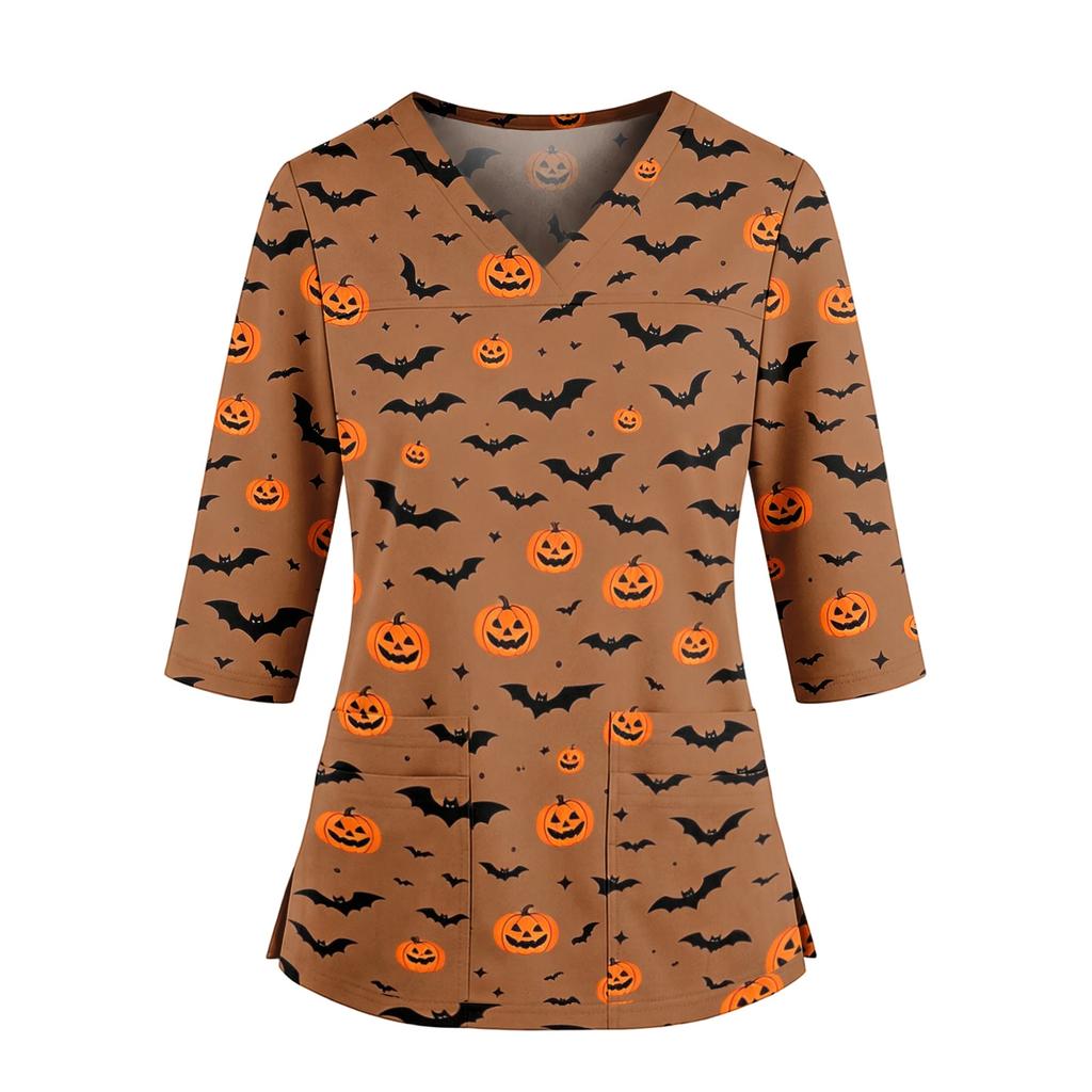 Women's V-Neck Scrub Top with Pockets, Halloween Print, 3/4 Sleeve Side Slit Tunic for Work or Costume