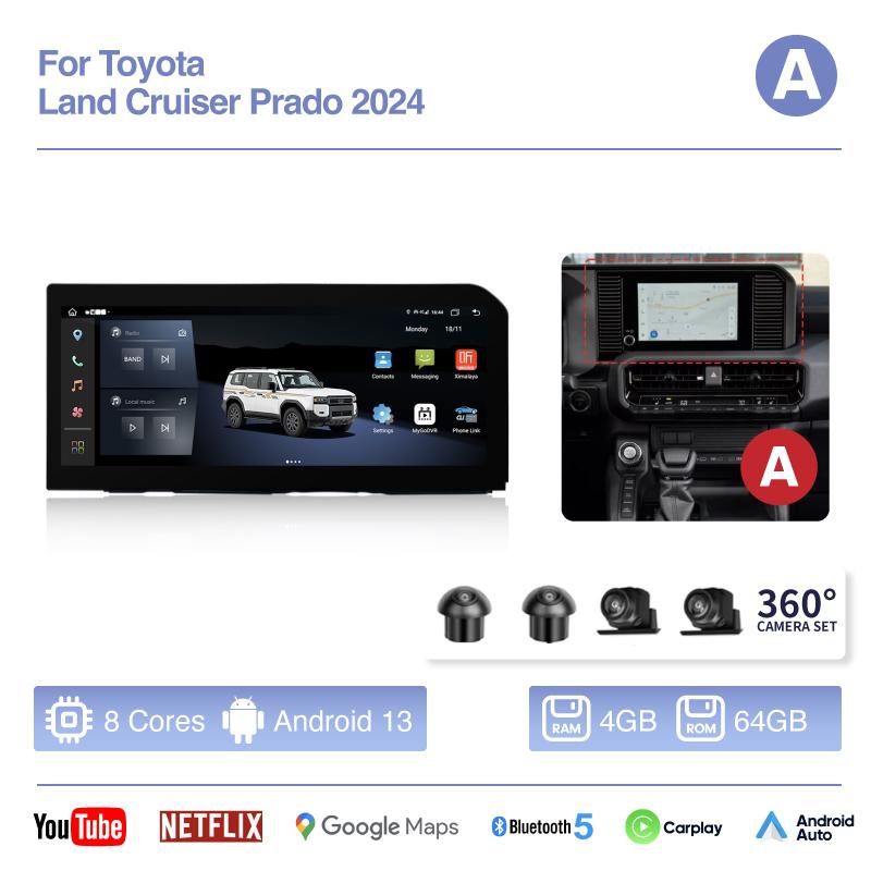 12.3inch Car Multimedia Video Player For Toyota Land Cruiser Prado 2025 GPS Navigation Android13 radio Carplay 4G Wifi 360Camera