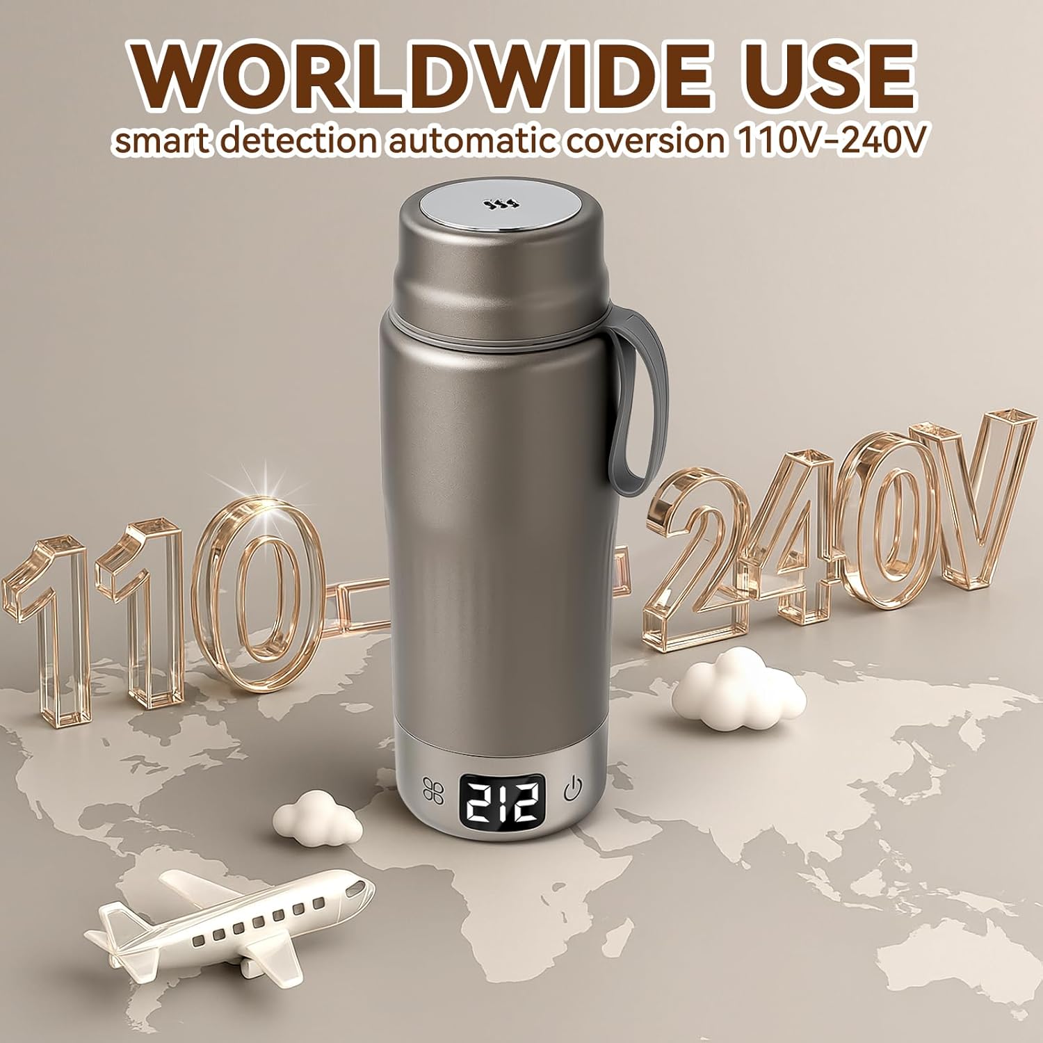 Bollitore da viaggio in titanio puro, controllo temperatura a 12 livelli, spegnimento automatico, 380 ml, grigio