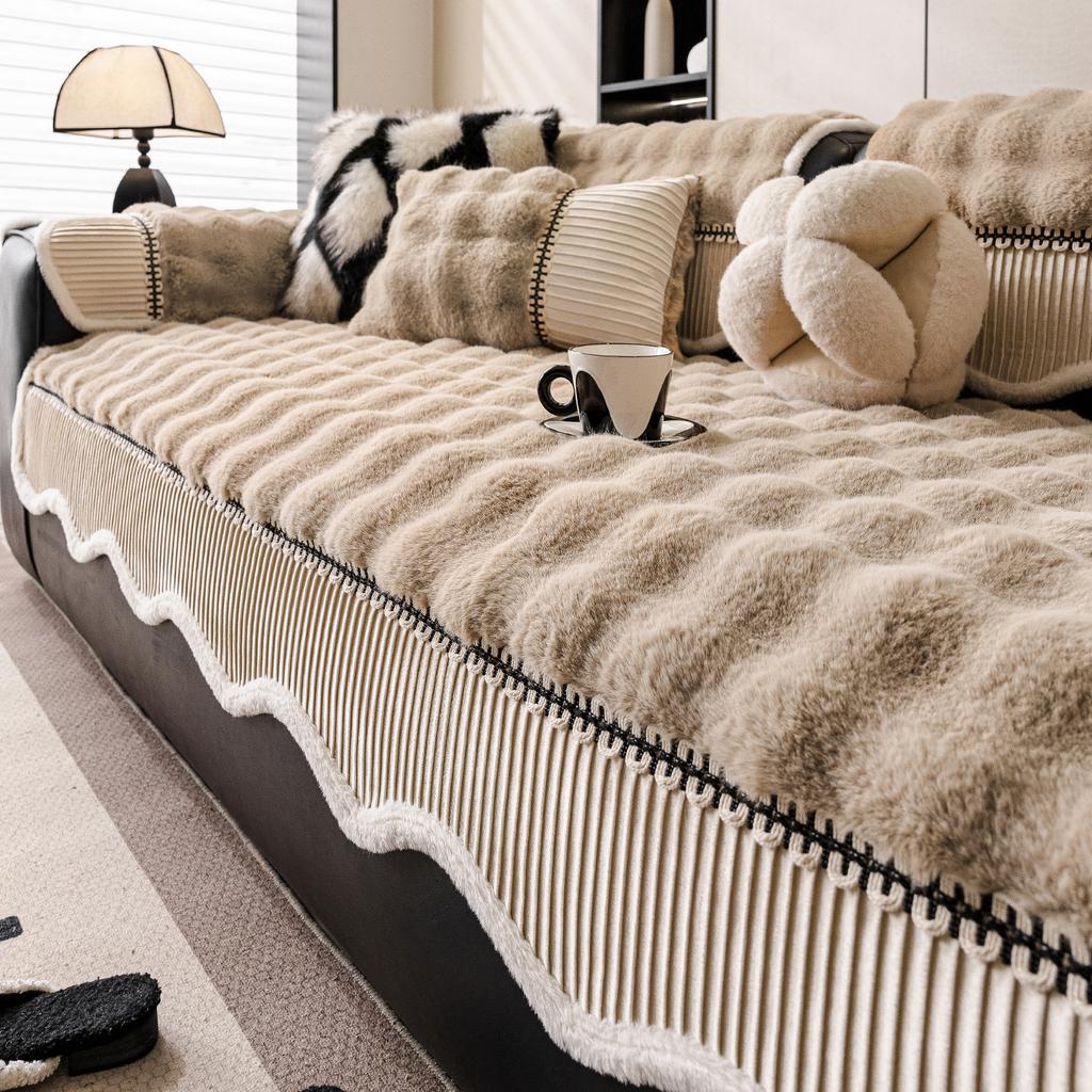 Winter High End Anti Slip Cover Cloth Irregular Thickened Plush Seat Cushion Straight Row One Piece Rabbit Plush Sofa Cushion