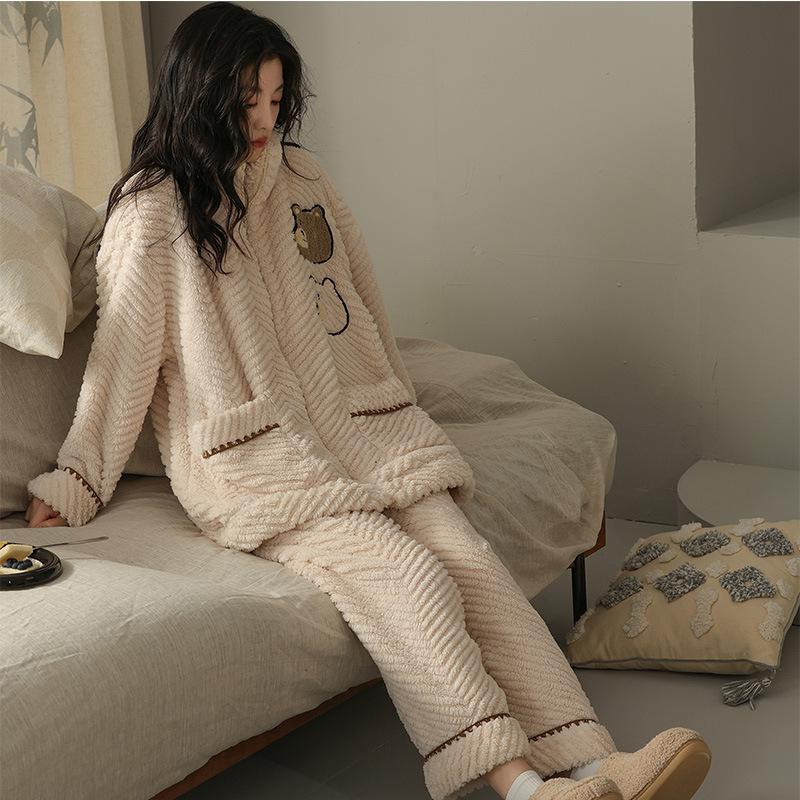 Coral Velvet Pajamas Women Autumn Winter Cashmere and Thick Women Can Wear Warm Home Clothing Set Can Be Worn Outside Sleepwear
