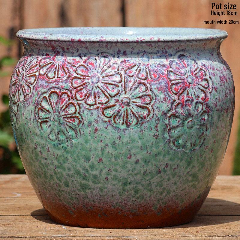 Handmade Embossed Rose Ceramic Succulent Pot, Tall Breathable Coarse Pottery, Large Mouth Plant Pot with Flower Design.
