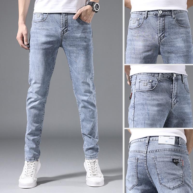 Summer men's jeans slim fit elastic pants for men Korean style trendy youth light-colored trousers