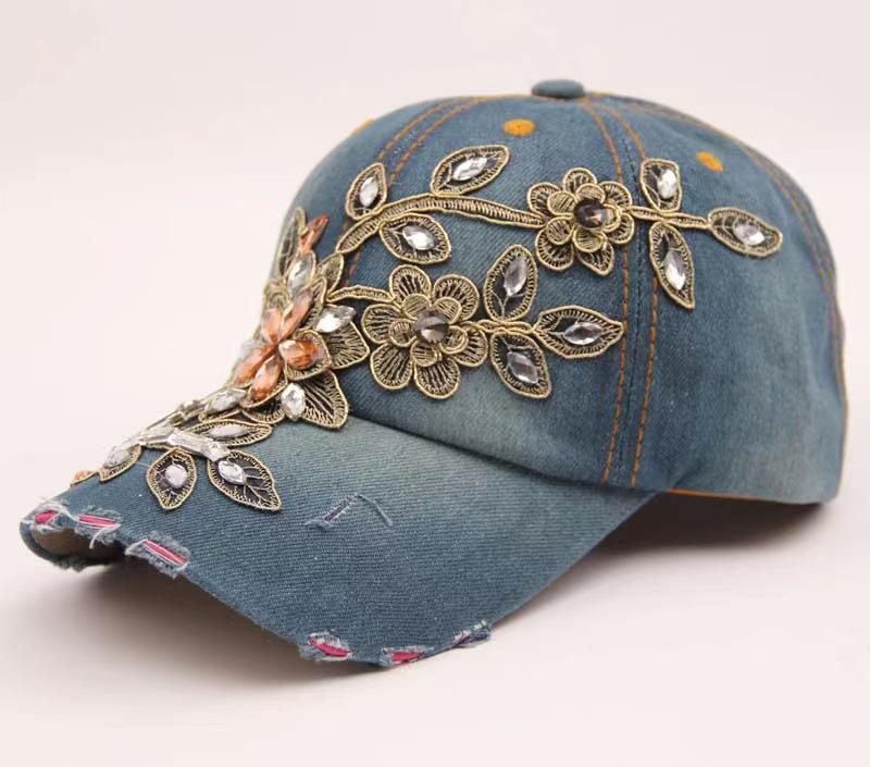 Denim Floral Rhinestone Baseball Cap for Women, Distressed Vintage Adjustable Sun Hat