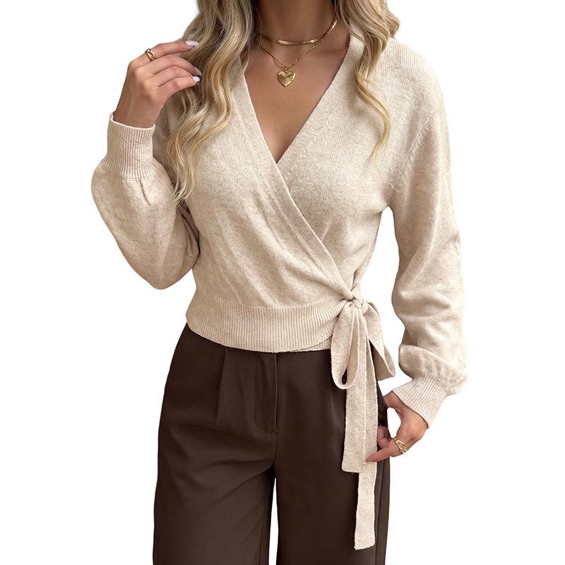 2026 A/W Knit Women's Irregular Short V-Neck Tie Waist Long Sleeve Sweater