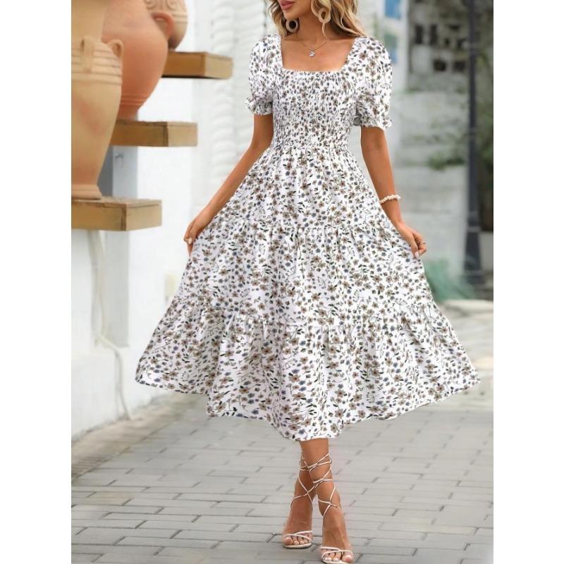 Vestito da Donna a Strati con Scollo Quadrato in Vita e Maniche a Bolla con Stampa Stile Dolce