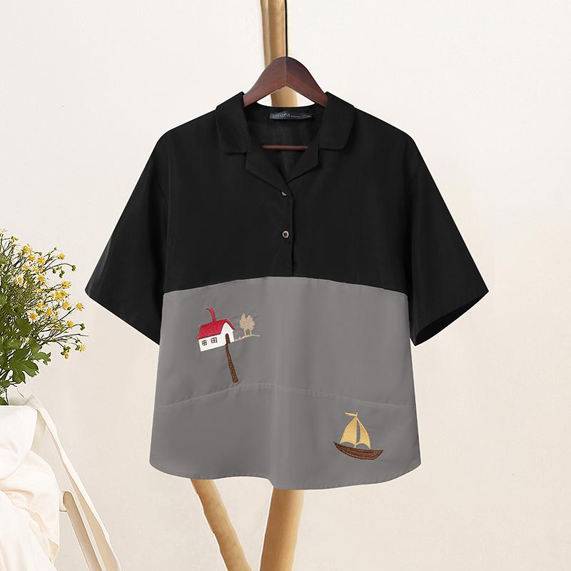 ZANZEA Women Casual Turn Down Collar Summer Short Sleeve Patchwork Blouse