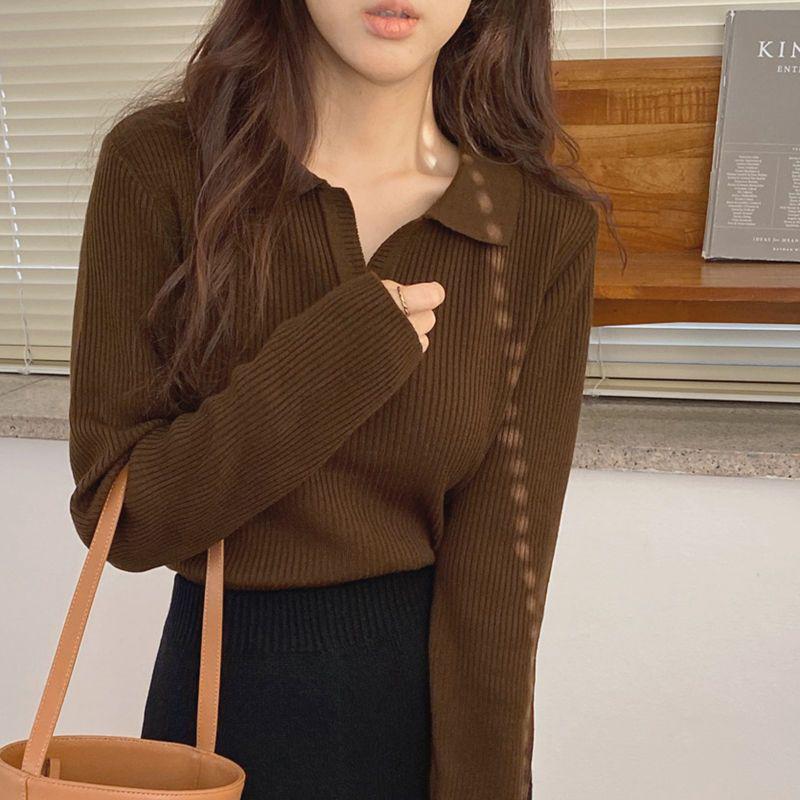 

Women s Coffee Knit Sweater - Autumn 2025 Polo Collar Top S (recommended within 100 jin)