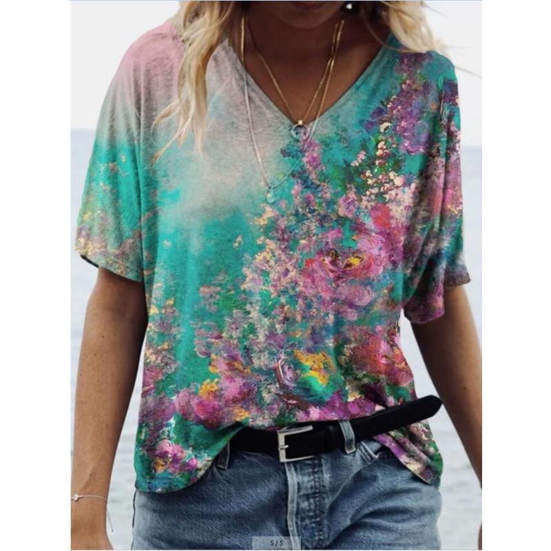 

Летняя женская трендовая футболка с принтом граффити, модная, цветная, с V-образным вырезом и короткими рукавами 5xl