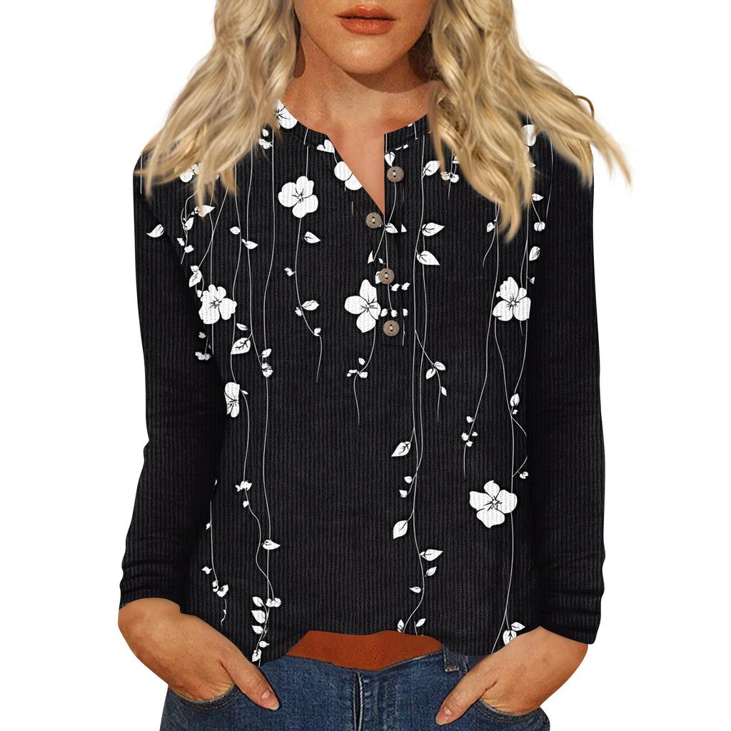 Women's T Shirt Tee Print Button Long Sleeve Daily Weekend Fashion Basic V- Neck Regular Top