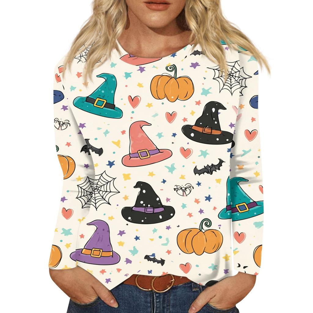 Modisches, lässiges Langarm-Oberteil mit Rundhalsausschnitt und Halloween-Print für Damen