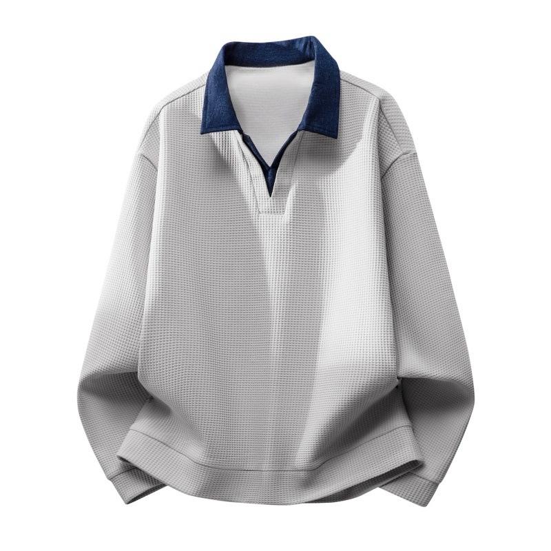 

Men s Waffle Knit Polo Sweatshirt - Casual Contrast Collar V-Neck Pullover 3XL сірий