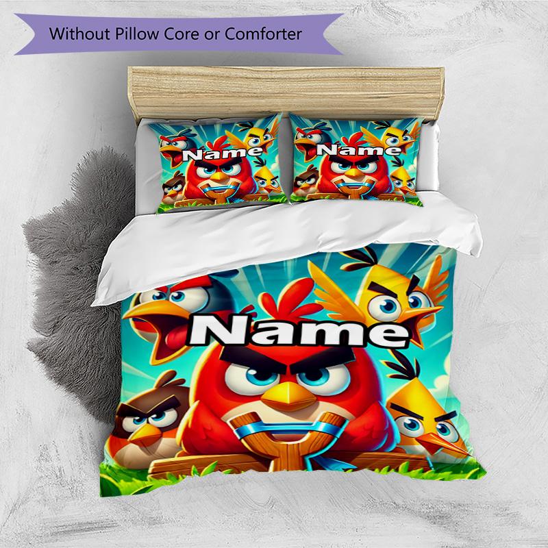 3pcs Duvet Cover Set (1*Duvet Cover + 2*Pillowcase, Without Core), Custom Name Angry Birds Pattern Bedding Set, Home Bedroom Decor Gift