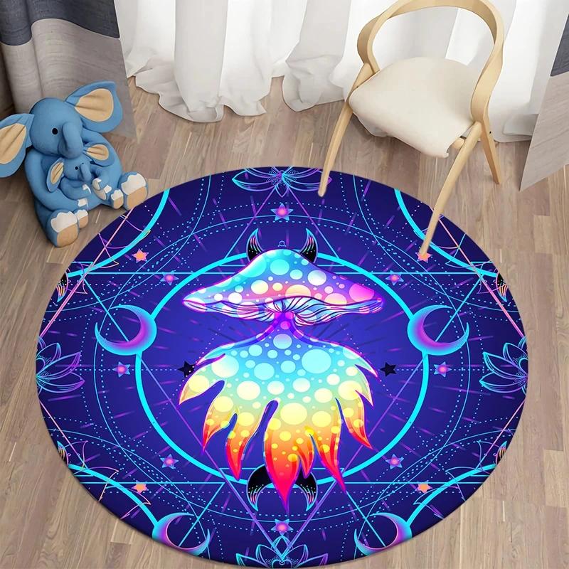 Psychedelic Mushroom Round Carpet Non-slip Boho Rug for Living Room Kids Room Home Decor Circle Floor Mat