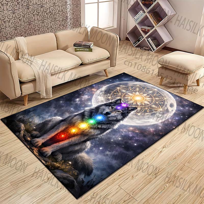 New Product Wolf Colorful Chakras Full Moon Carpet for Living Room Bedroom Bedside Floor Mat Cloakroom Child Play Mat Area Rug