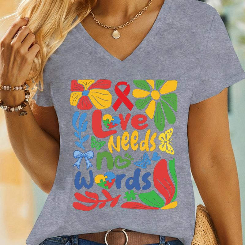 Autism Awareness T Shirt Love Needs No Words TShirt Women Autism Support Gift Neurodiversity Shirt Autism Mom Vneck Top Tees S