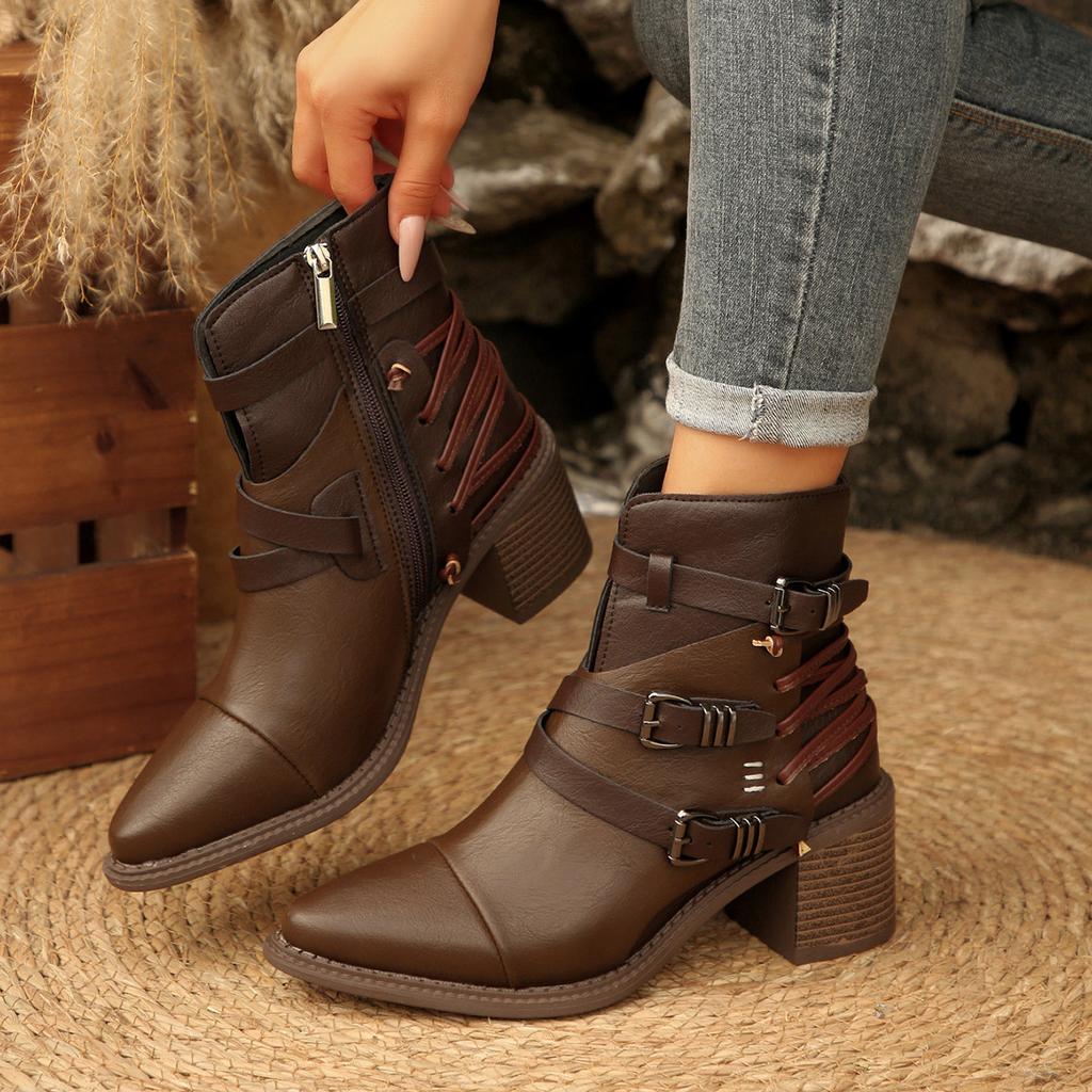 Fashion Comemore Vintage Belt Buckle Short Fashion Boots Women Chunky Heel Side Zipper Women's Shoes Gladiator Knight Botines Femininos