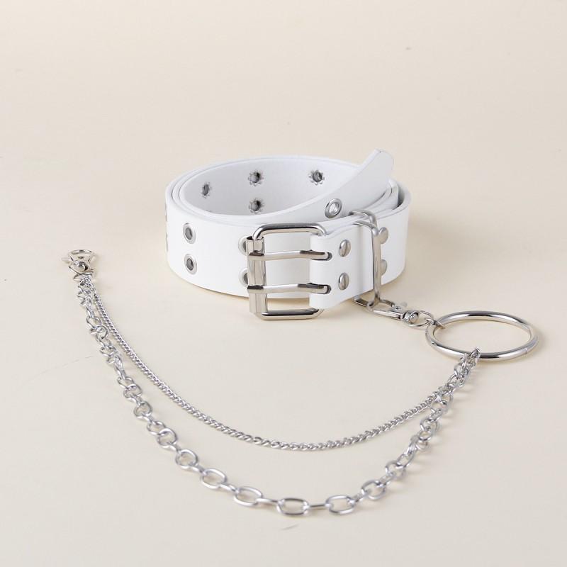 Punk Style Women Men Black Faux Leather Belt With Metal Chain Decor Double Row Buckle Casual Jeans Accessory