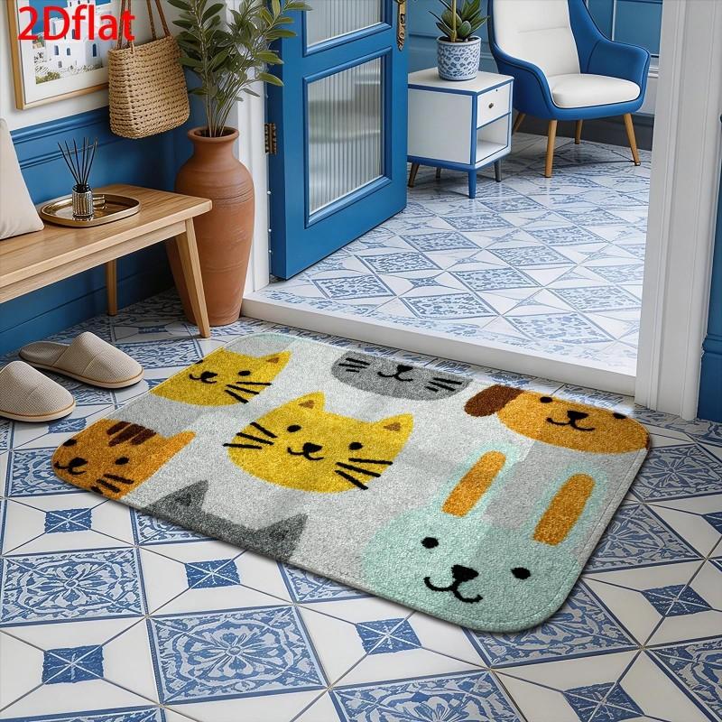 Cartoon Mixed Cat And Dog Face Print Front Door Mat Non Slip Entryway Rug For Indoor Entryway Floor Decor