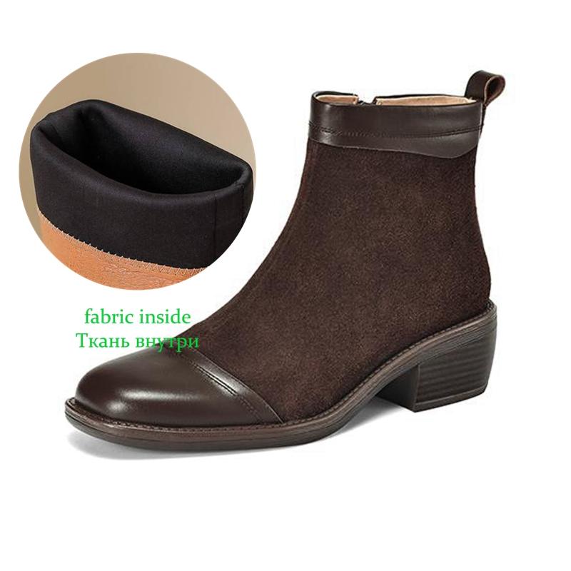 Krazing Pot Cow Skin Cow Suede Winter Square Toe Thick Heels Chelsea Fashion Boots Women Zipper Patch Work Women Ankle Boots