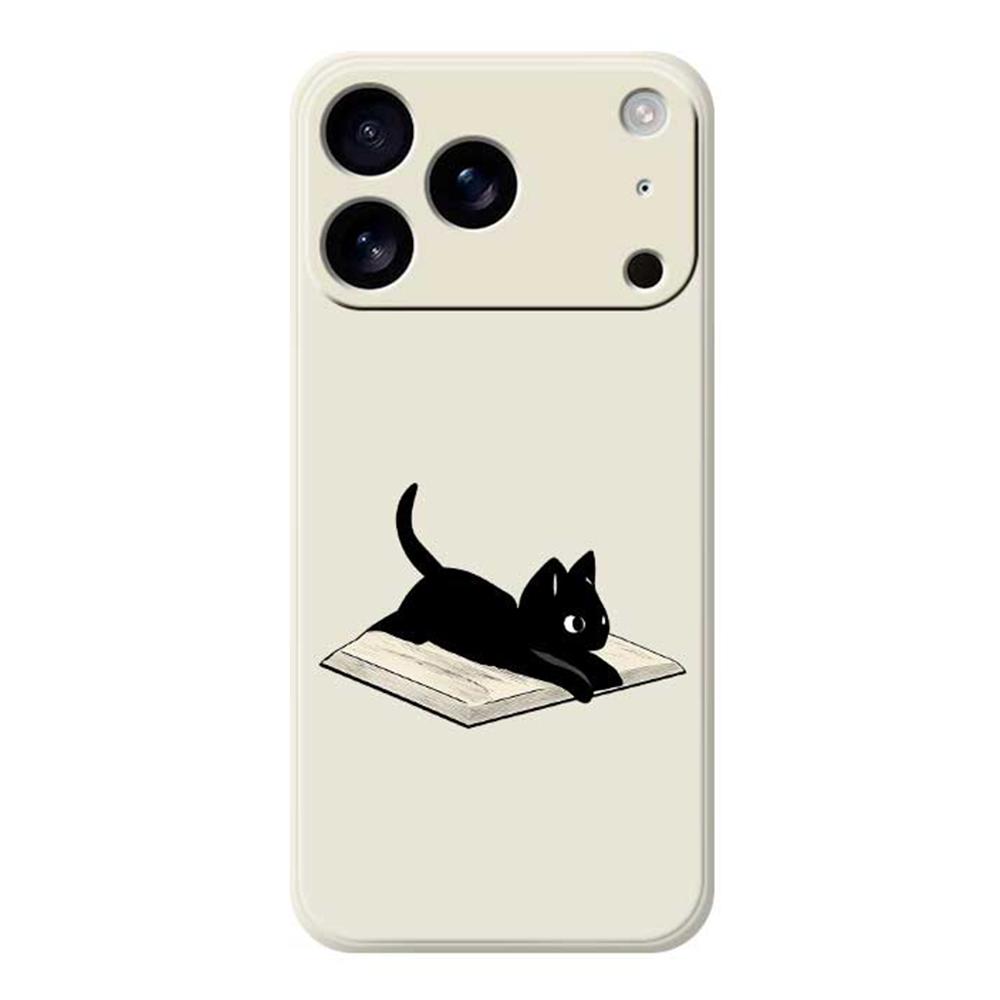

For iPhone 17 Pro Max Case Book and Cat Pattern Printing Straight Edge TPU Phone Back Cover Beige