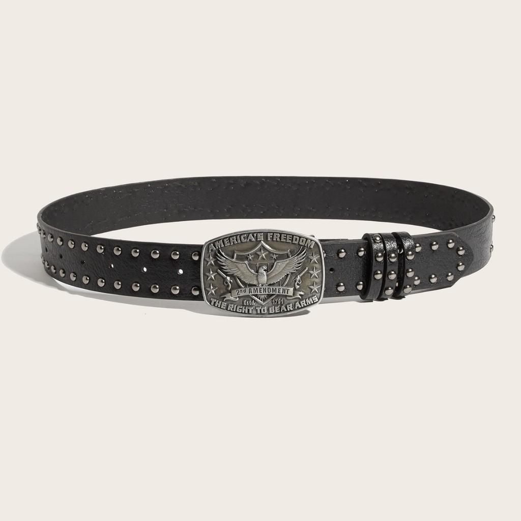 Leather Rivet Decor Punk Belt With Alloy Buckle And Eagle Pattern Casual For