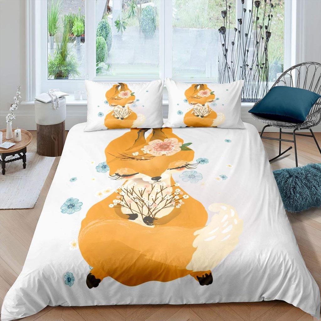 Fuchs Königin König Bettbezug Kawaii Cartoon Fuchs Familie Bettwäsche-Set für Kinder Niedlich Orange Wildtier 2/3-teilig Polyester Bettdeckenbezug
